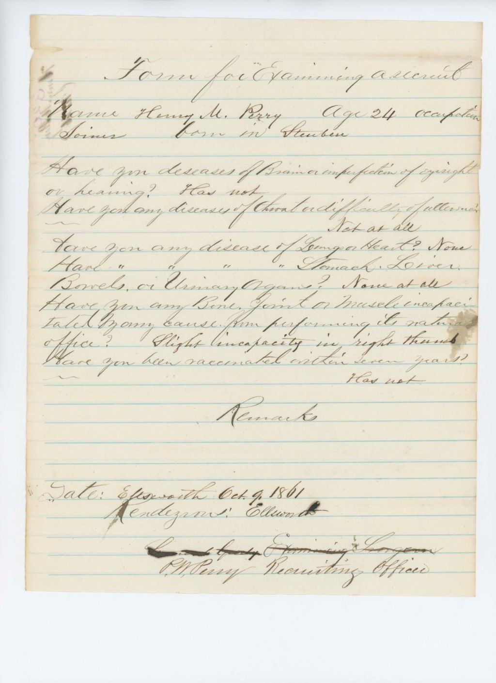 Miniature of Henry M. Perry Medical Examination