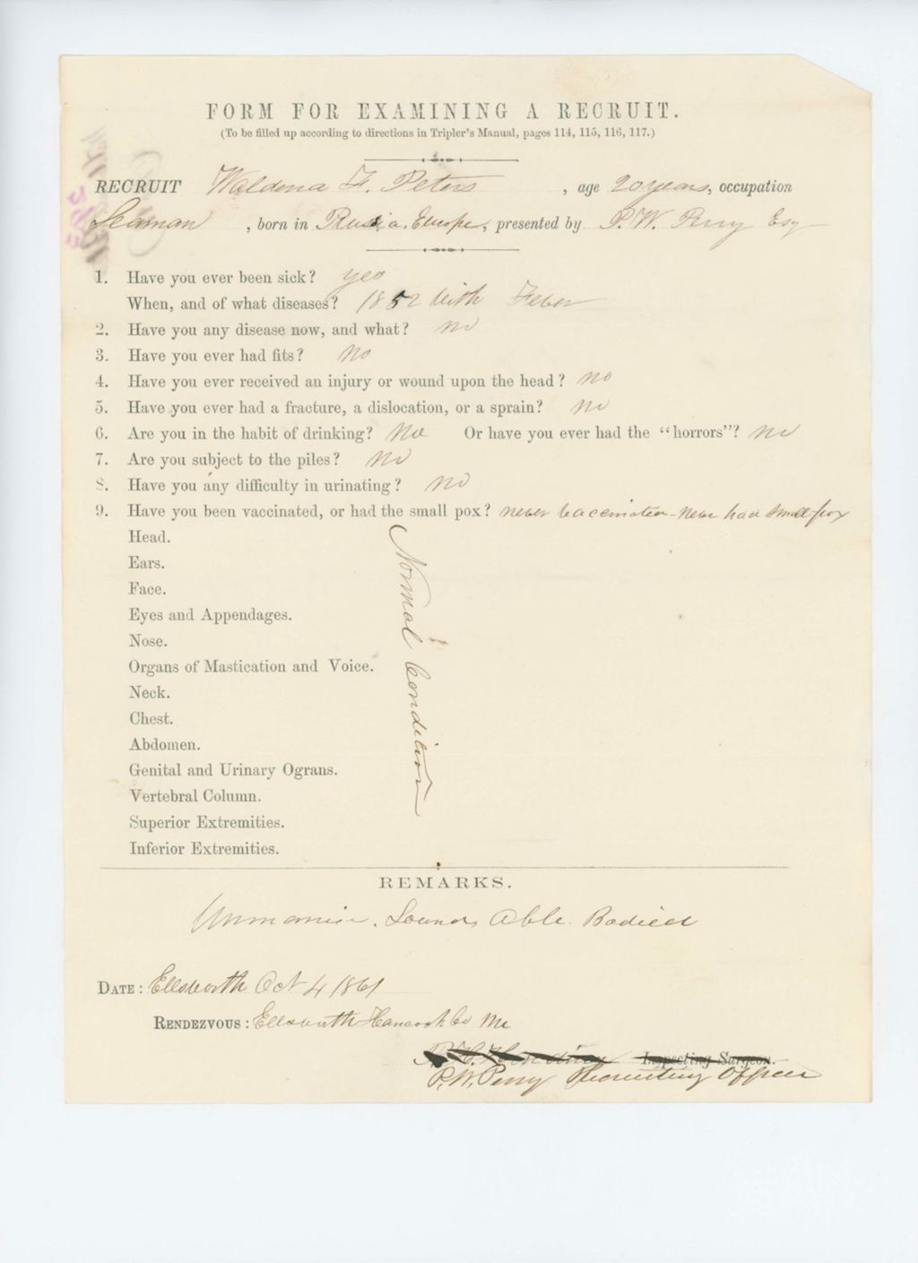 Miniature of Waldena F. Peters Medical Examination