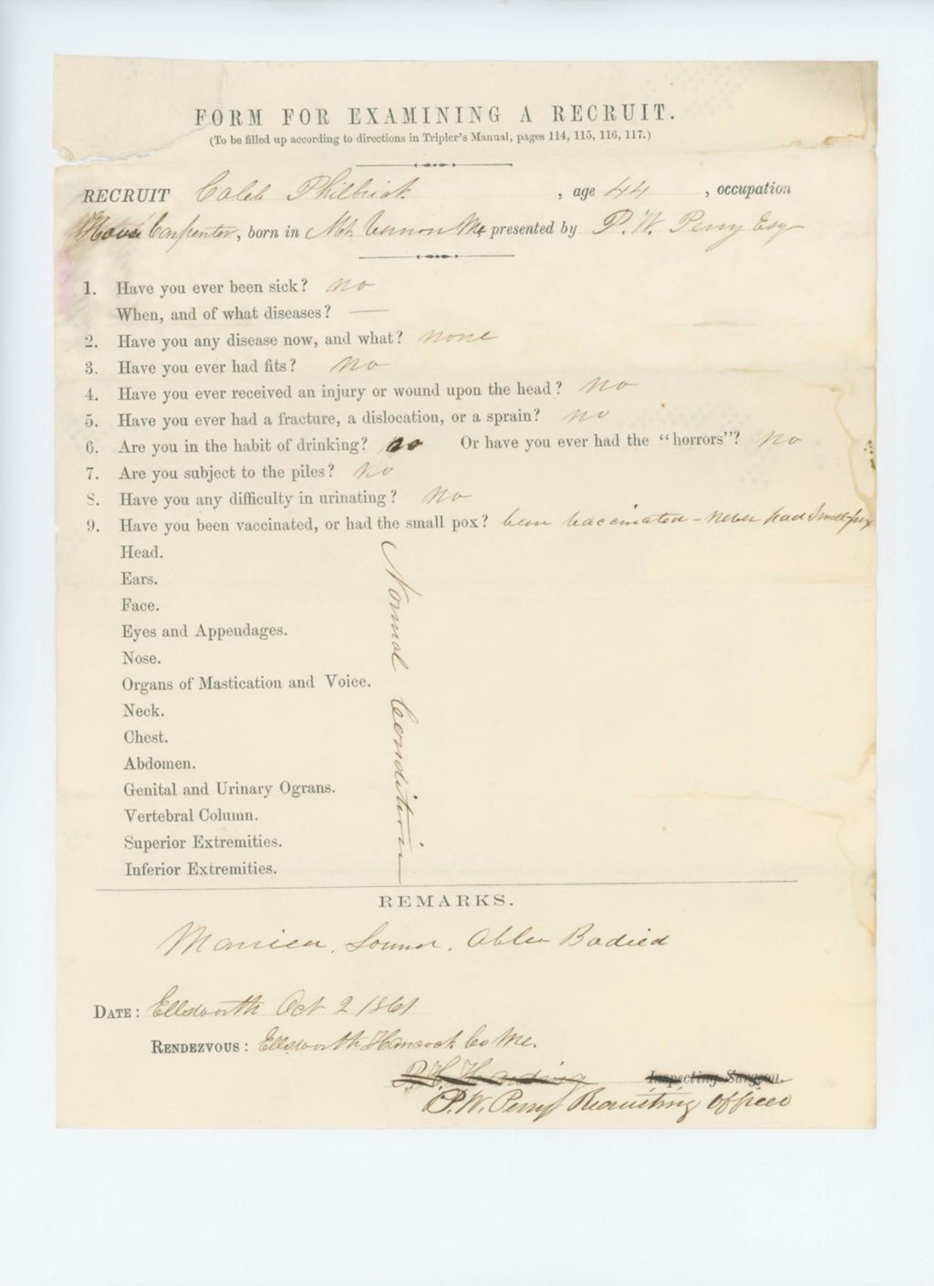 Miniature of Caleb Philbrick Medical Examination