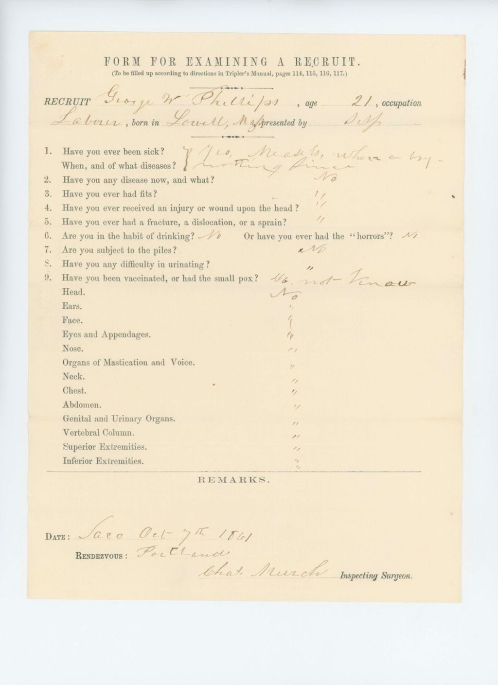 Miniature of George W. Phillips Medical Examination