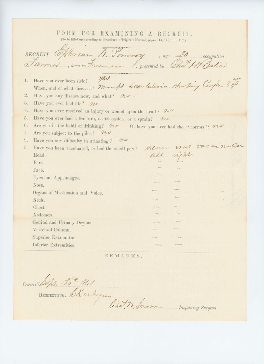 Miniature of Ephraim W. Pomroy Medical Examination