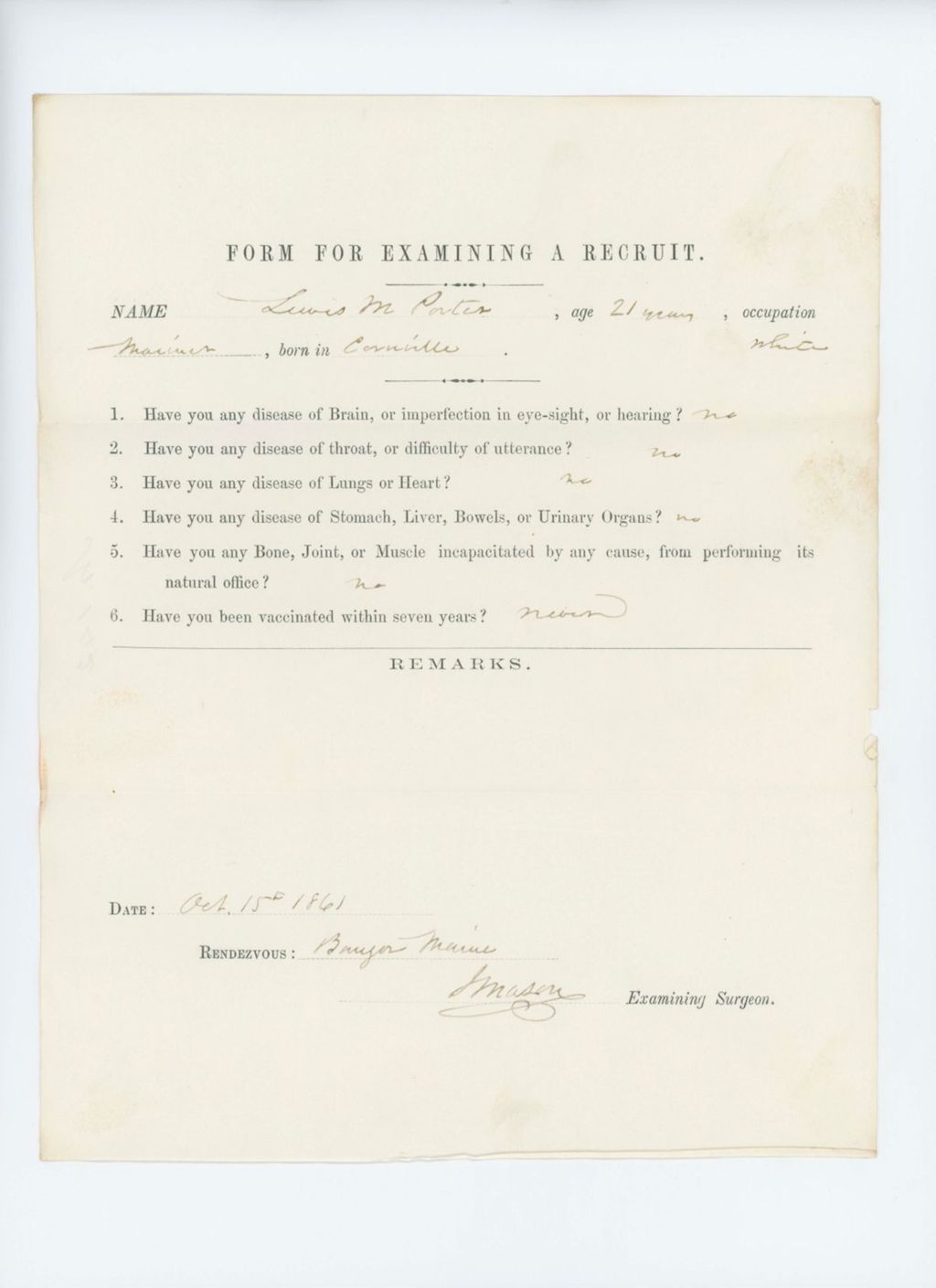 Miniature of Lewis M. Porter Medical Examination