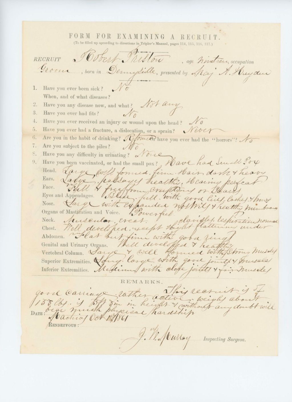 Miniature of Robert Preston Medical Examination