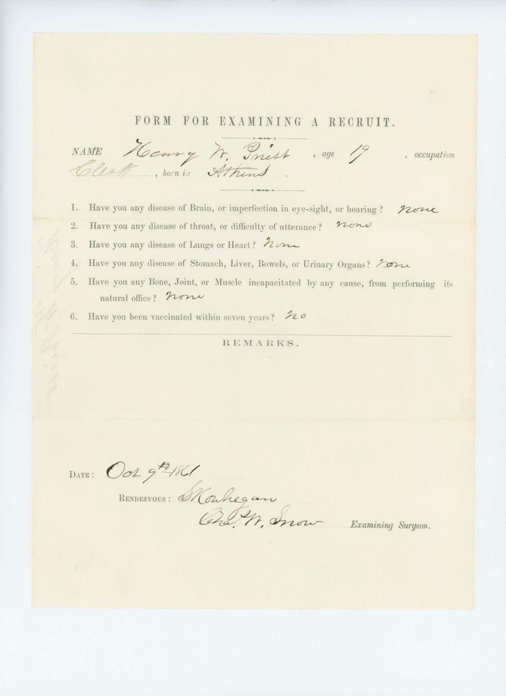 Miniature of Henry W. Priest Medical Examination