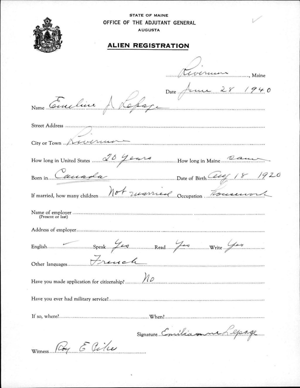 Miniature of Alien Registration- Lepage, Emeline J. (Livermore, Androscoggin County)