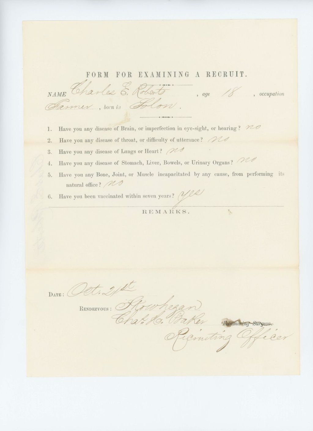 Miniature of Charles E. Roberts Medical Examination