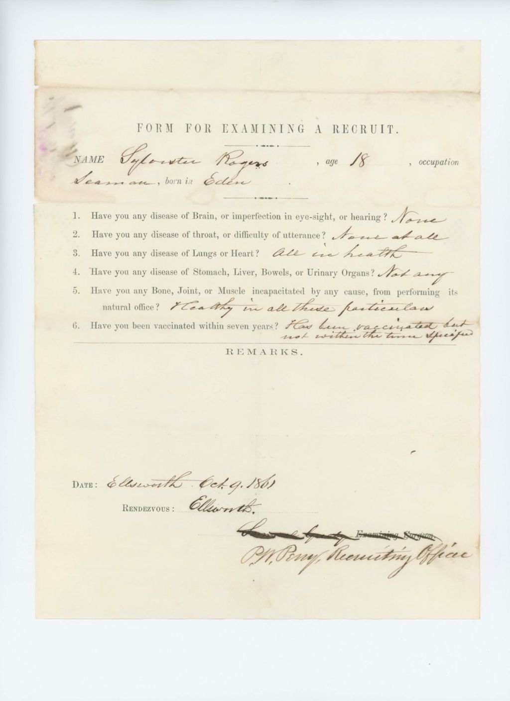 Miniature of Sylvester Rogers Medical Examination