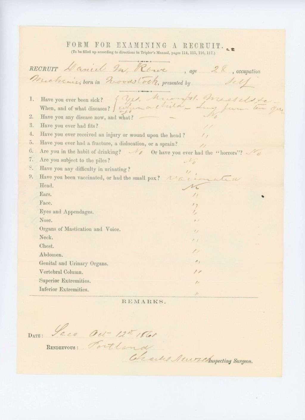 Miniature of Daniel M. Rowe Medical Examination