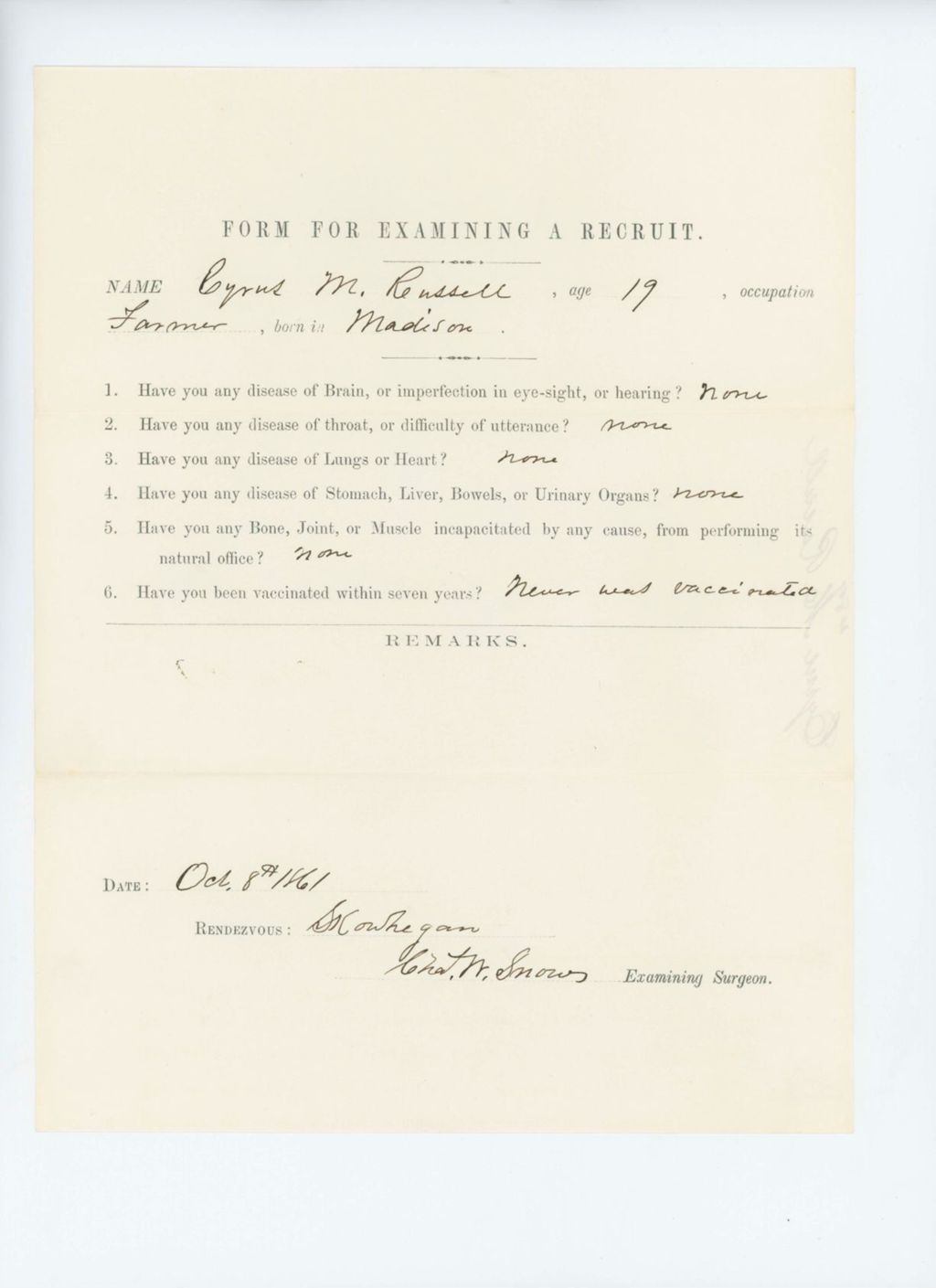 Miniature of Cyrus M. Russell Medical Examination