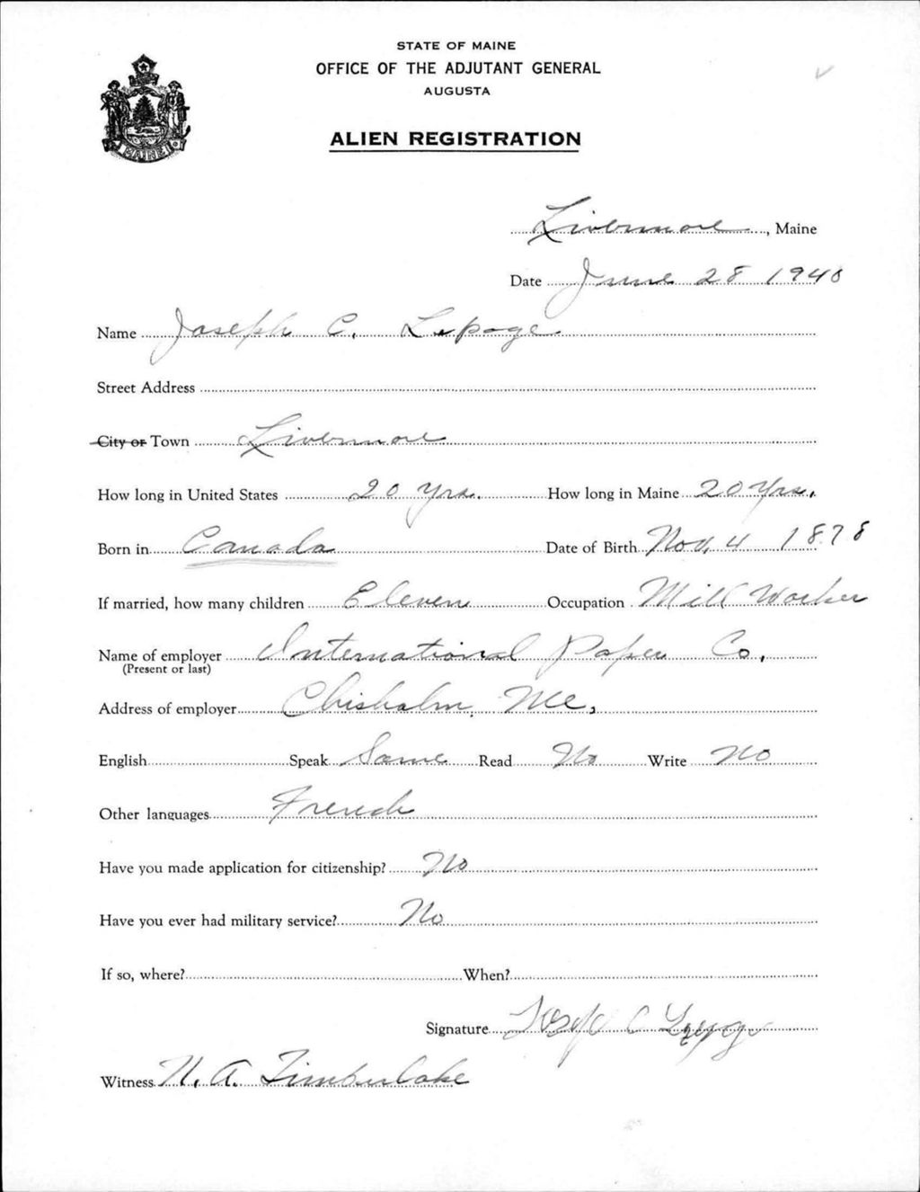Miniature of Alien Registration- Lepage, Joseph C. (Livermore, Androscoggin County)