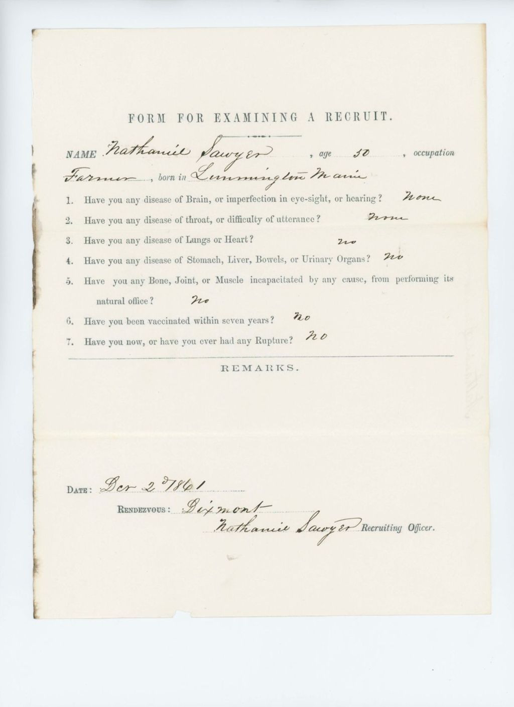 Miniature of Nathaniel Sawyer Medical Examination