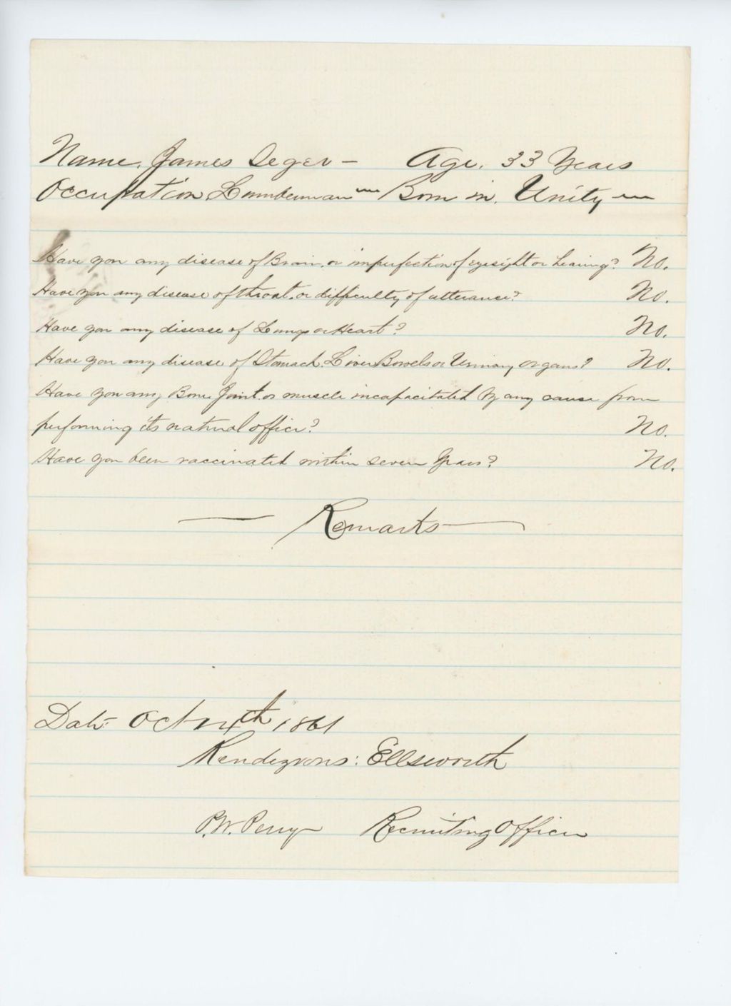 Miniature of James Seger Medical Examination