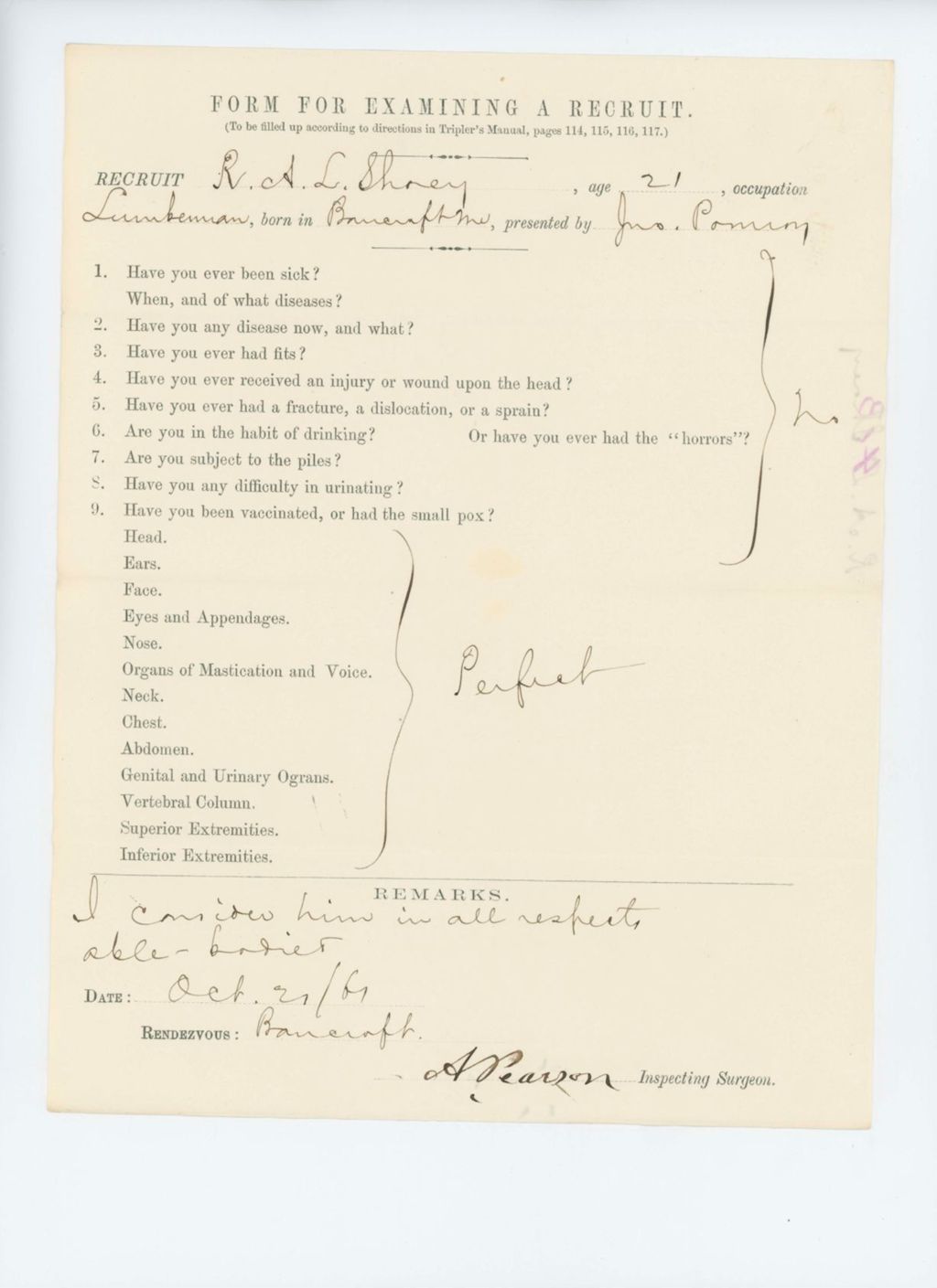 Miniature of R.A.L. Shorey Medical Examination