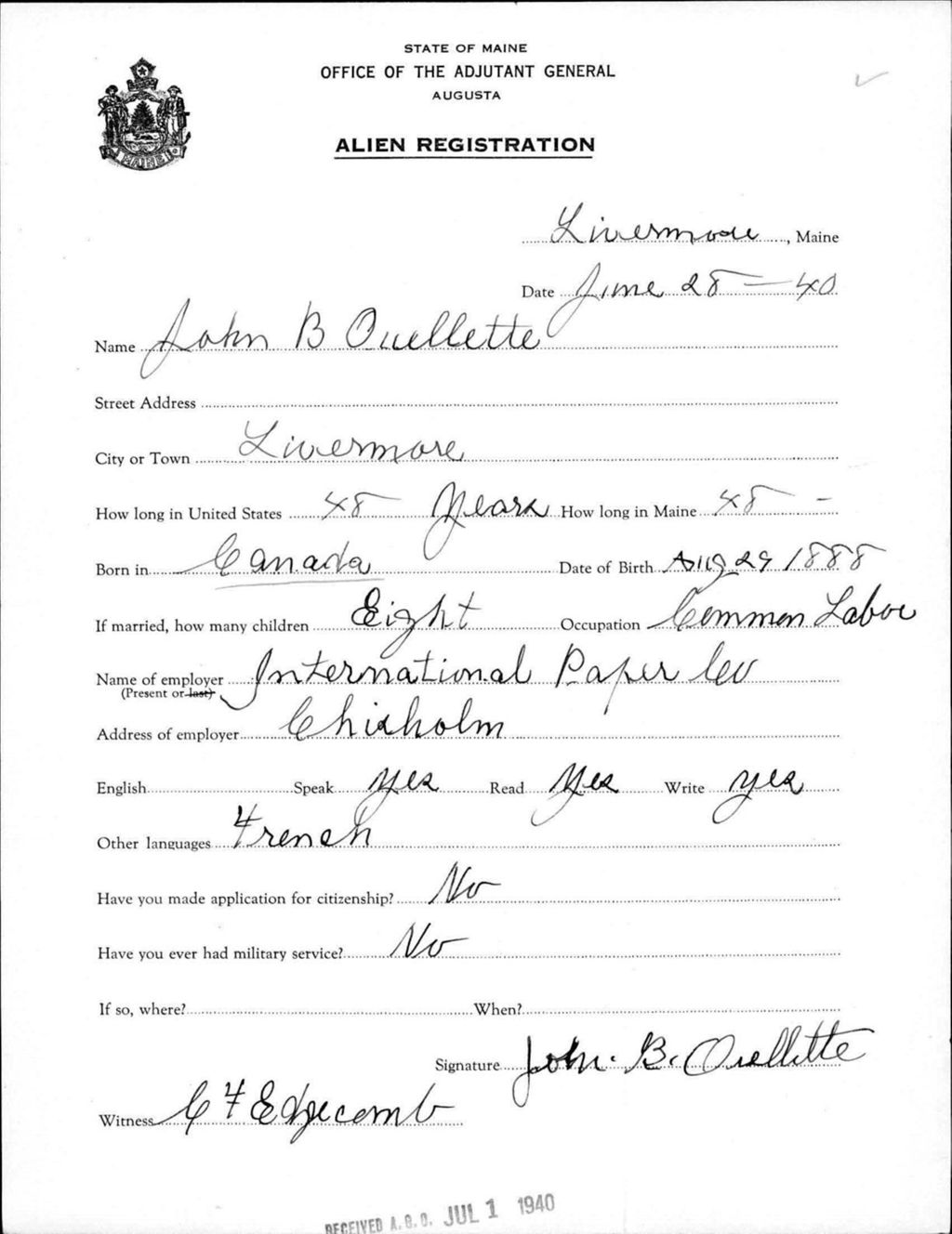 Miniature of Alien Registration- Ouellette, John B. (Livermore, Androscoggin County)