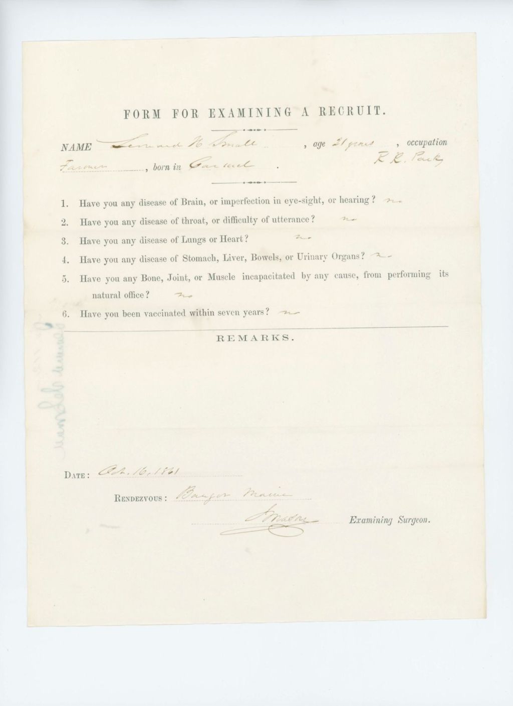 Miniature of Lemuel H. Small Medical Examination