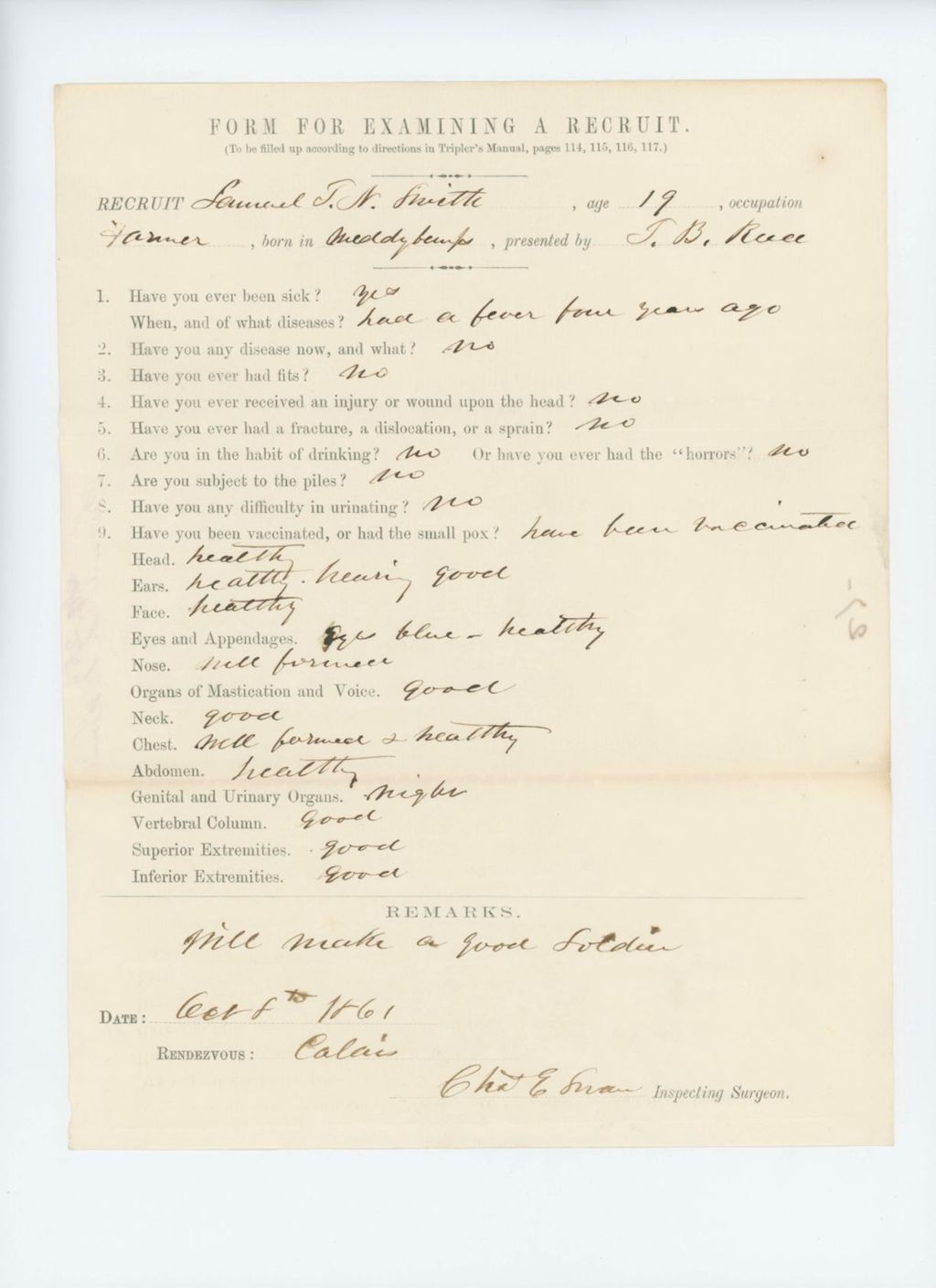 Miniature of Samuel T.N. Smith Medical Examination