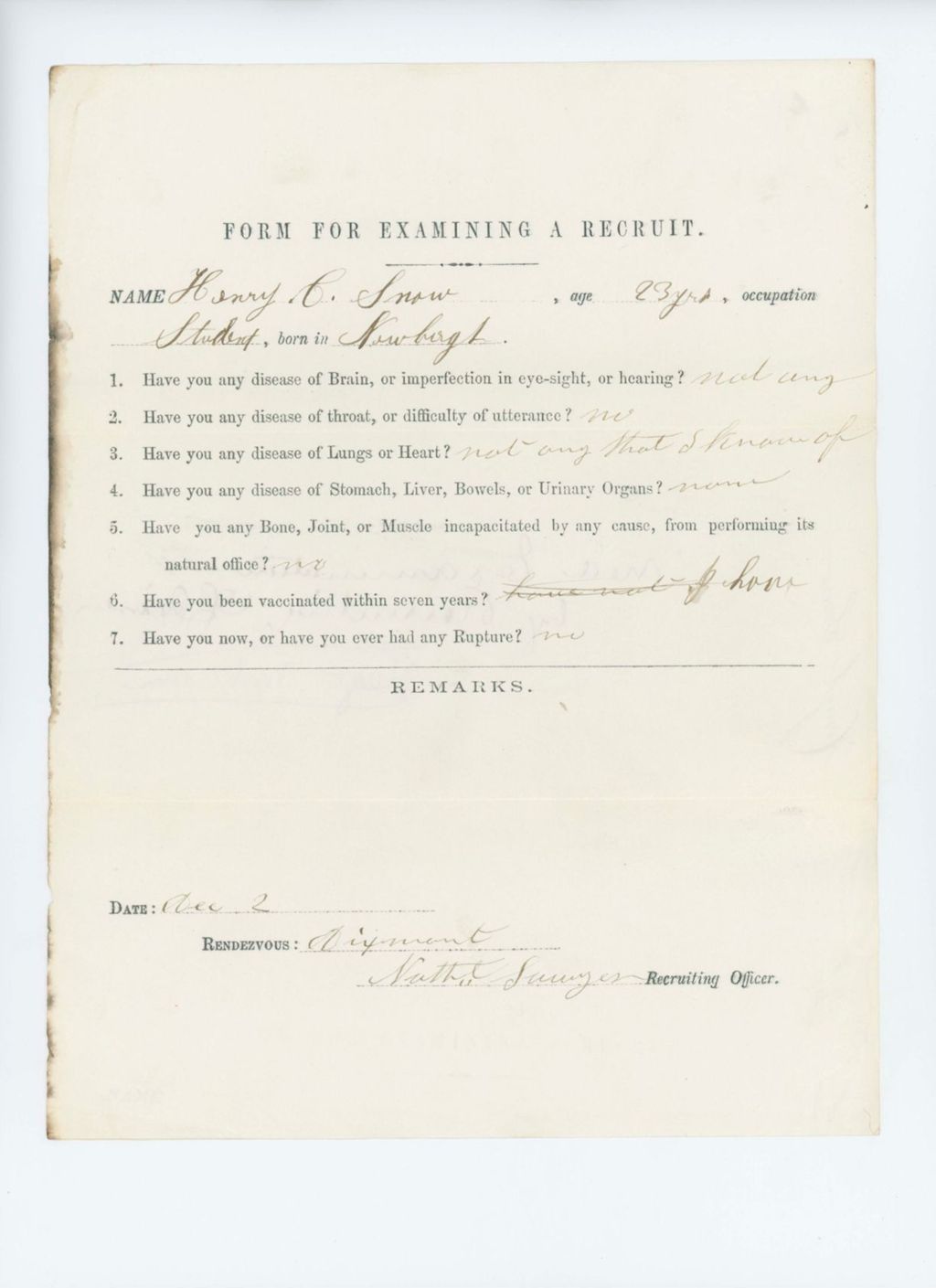 Miniature of Henry C. Snow Medical Examination