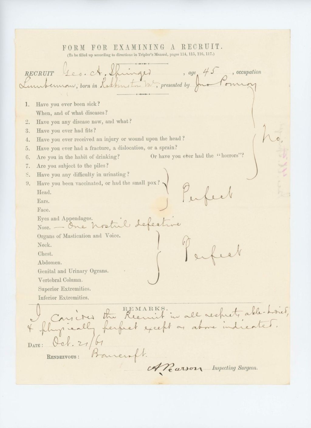 Miniature of George A. Springer Medical Examination