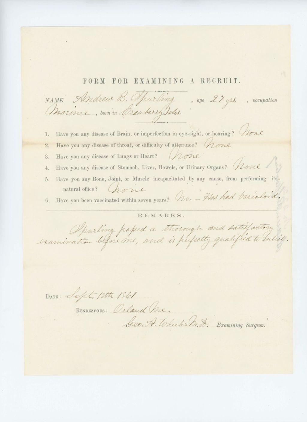 Miniature of Andrew B. Spurling Medical Examination