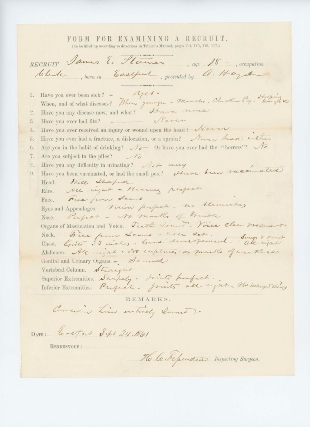 Miniature of James E. Statner Medical Examination