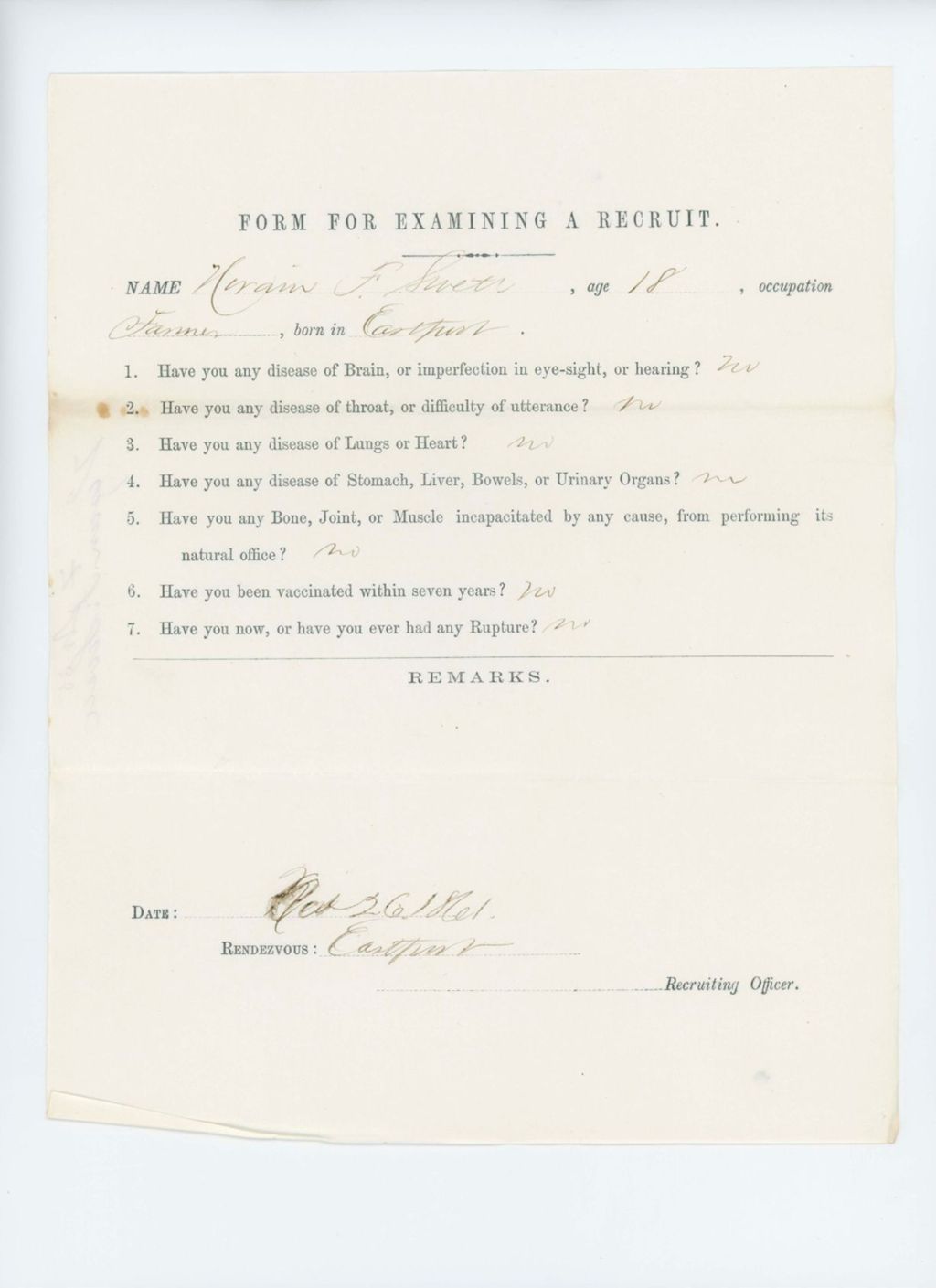 Miniature of Hiram F. Sweth Medical Examination