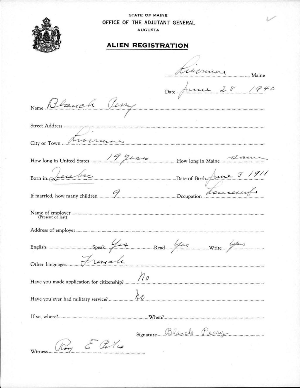 Miniature of Alien Registration- Perry, Blanche (Livermore, Androscoggin County)