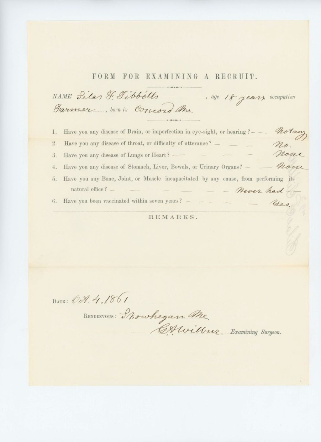 Miniature of Silas F. Tibbetts Medical Examination