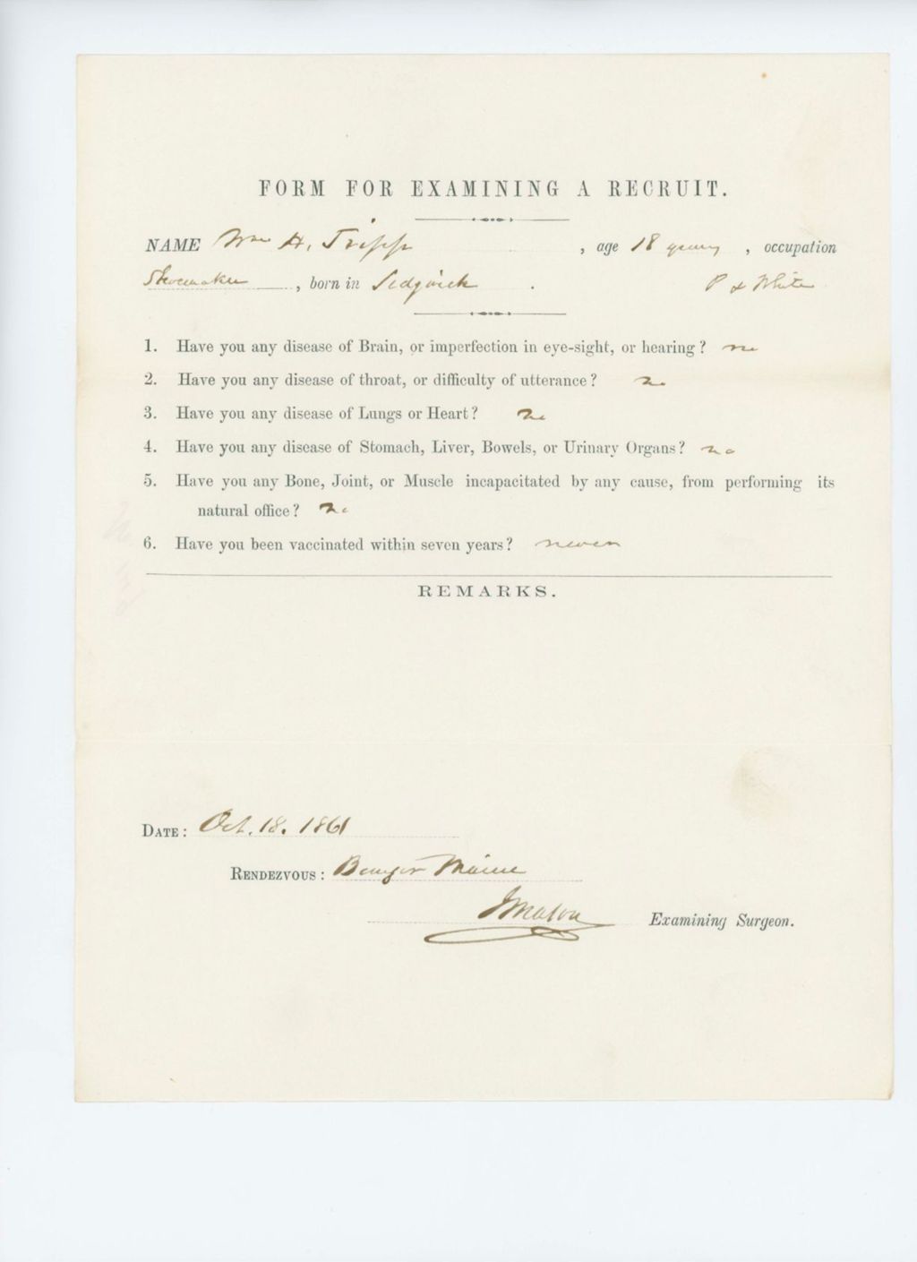 Miniature of William H. Tripp Medical Examination