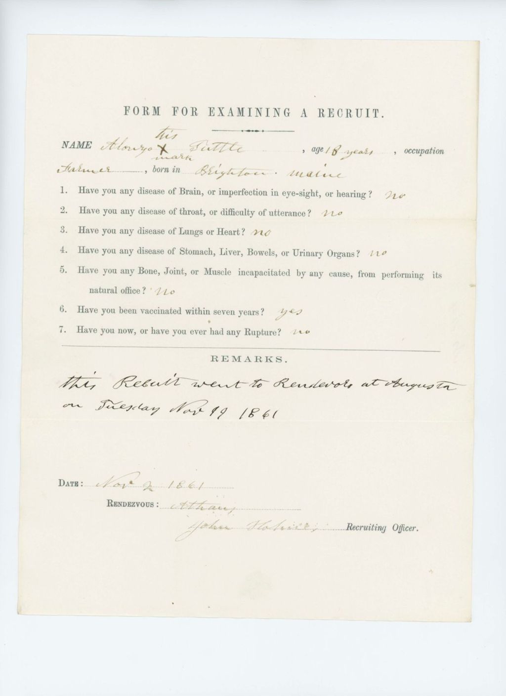 Miniature of Alonzo Tuttle Medical Examination