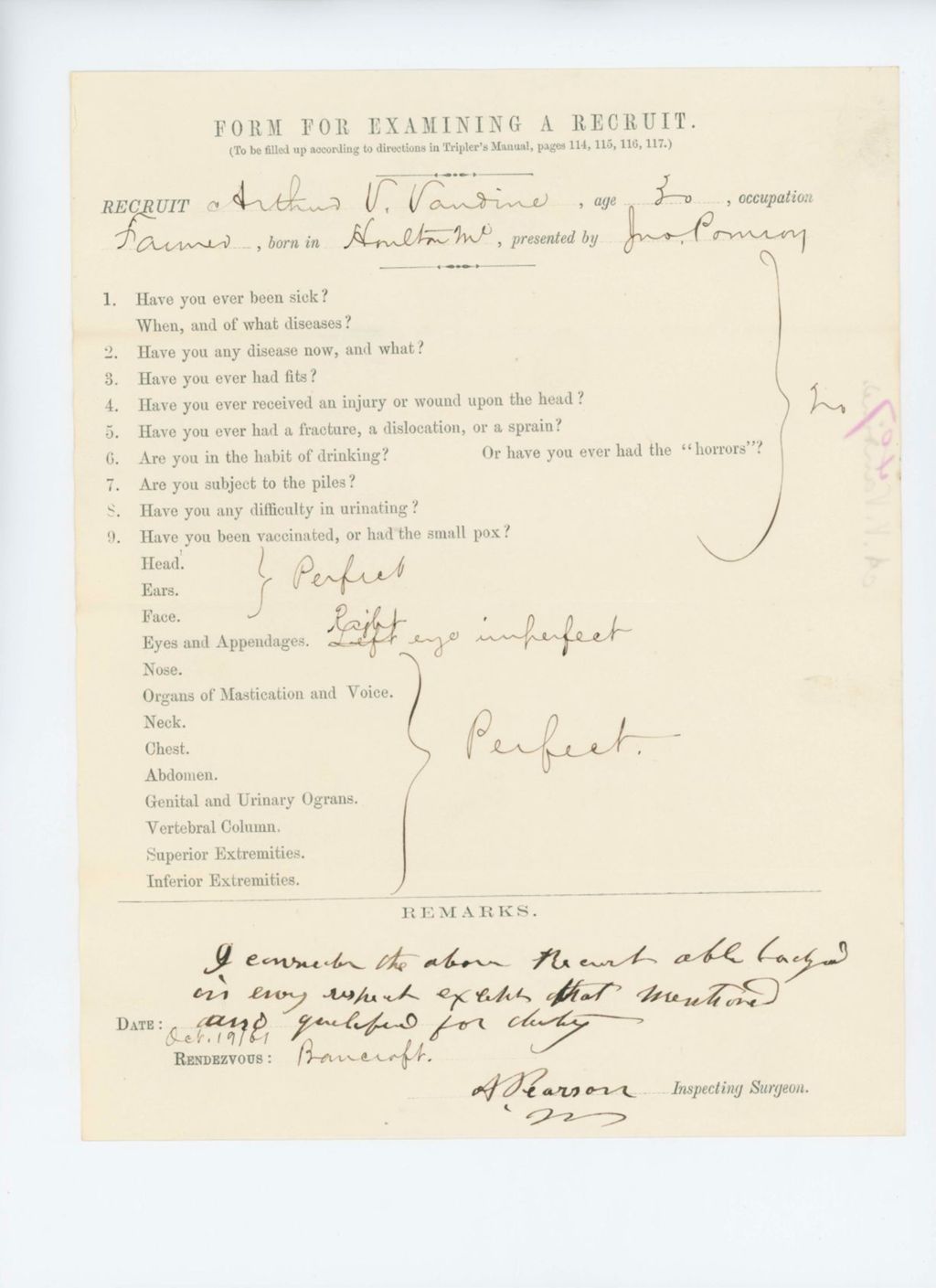 Miniature of Arthur V. Vandine Medical Examination