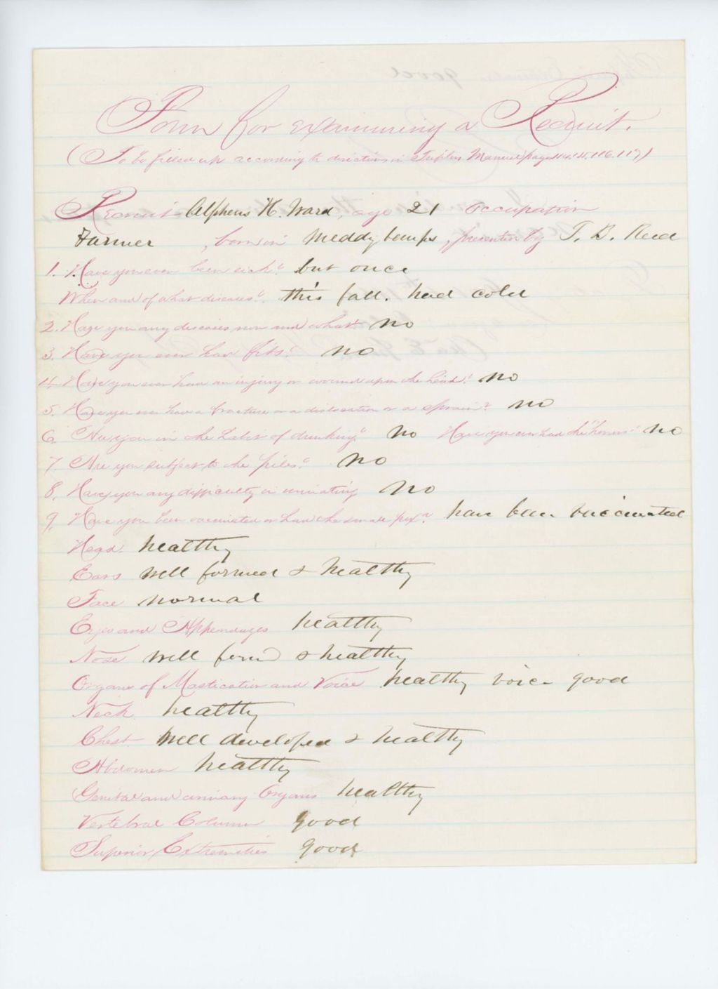 Miniature of Alpheus H. Ward Medical Examination