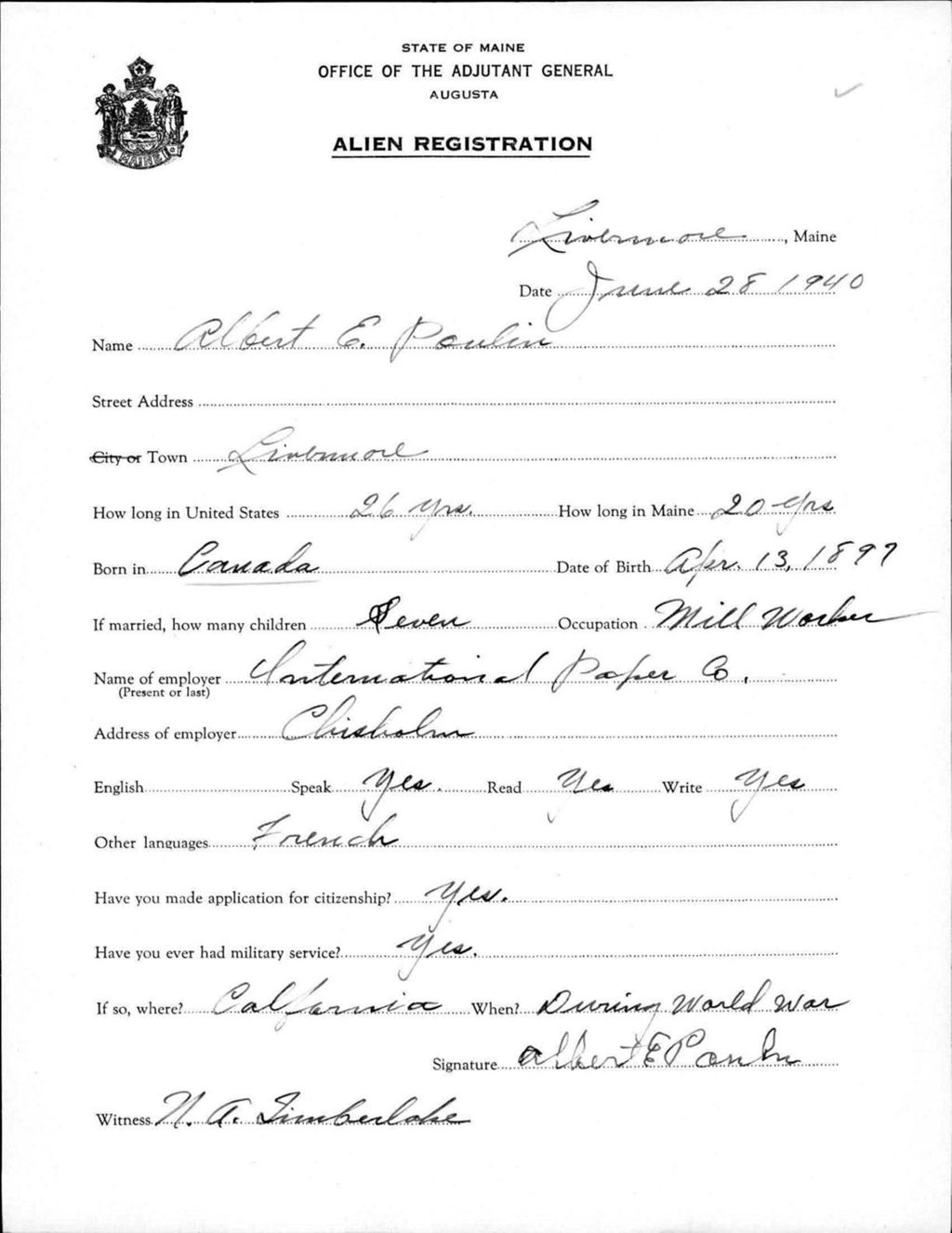 Miniature of Alien Registration- Poulin, Albert E. (Livermore, Androscoggin County)