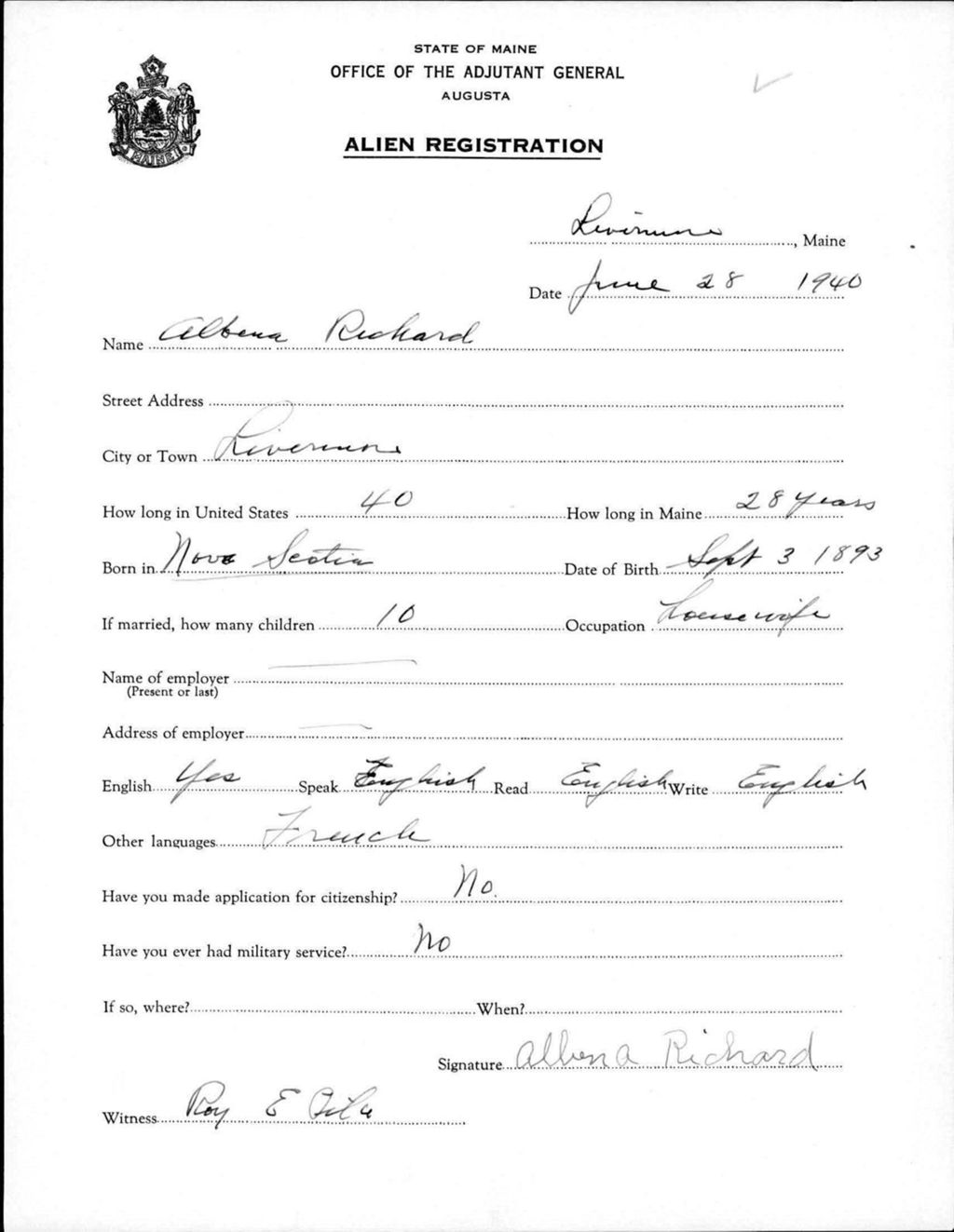Miniature of Alien Registration- Richard, Albena (Livermore, Androscoggin County)