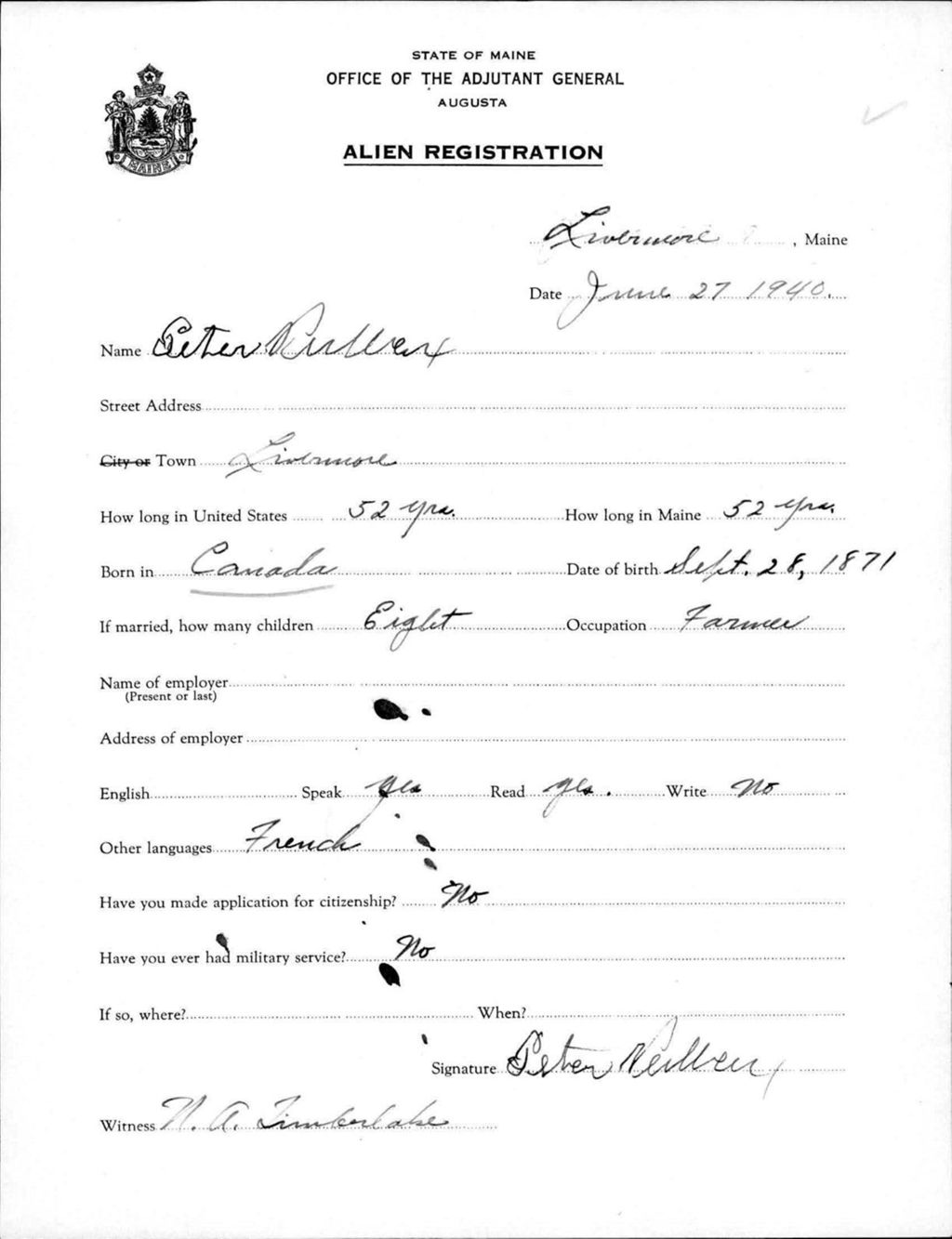 Miniature of Alien Registration- Veilleux, Peter (Livermore, Androscoggin County)
