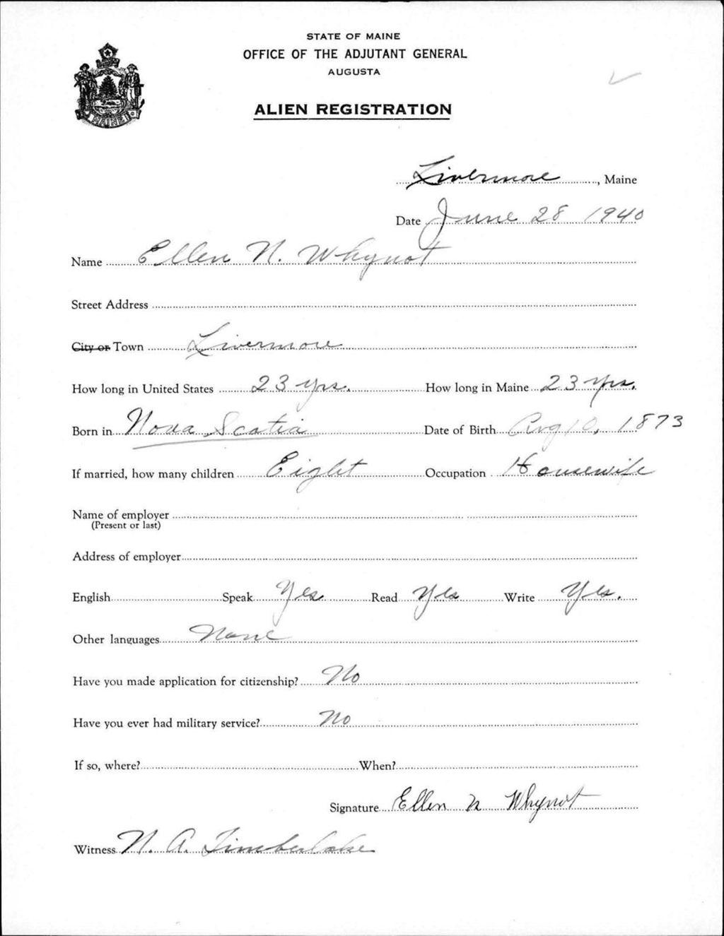 Miniature of Alien Registration- Whynot, Ellen N. (Livermore, Androscoggin County)