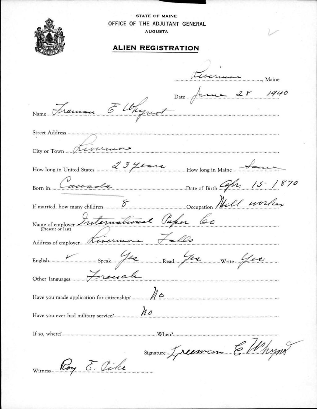 Miniature of Alien Registration- Whynot, Freeman E. (Livermore, Androscoggin County)
