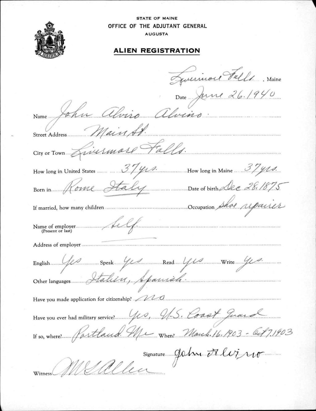 Miniature of Alien Registration- Alvino, John A. (Livermore Falls, Androscoggin County)