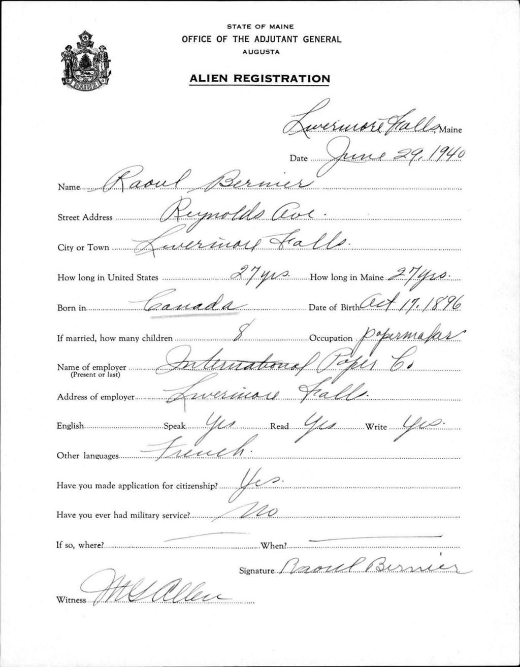 Miniature of Alien Registration- Bernier, Roaul (Livermore Falls, Androscoggin County)