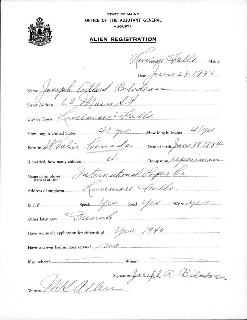 Miniature of Alien Registration- Bilodeau, Joseph A. (Livermore Falls, Androscoggin County)