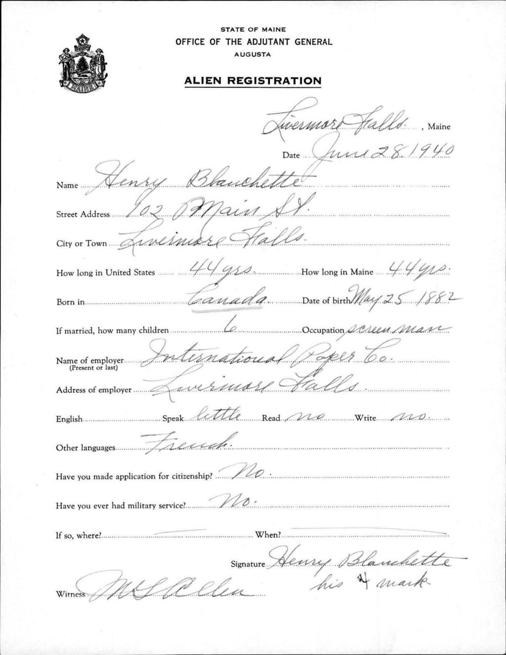 Miniature of Alien Registration- Blanchette, Henry (Livermore Falls, Androscoggin County)