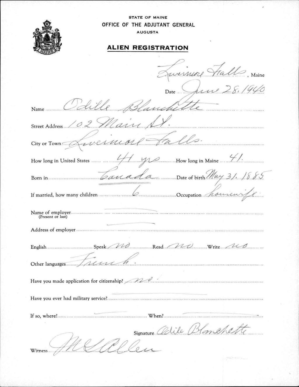 Miniature of Alien Registration- Blanchette, Odille (Livermore Falls, Androscoggin County)