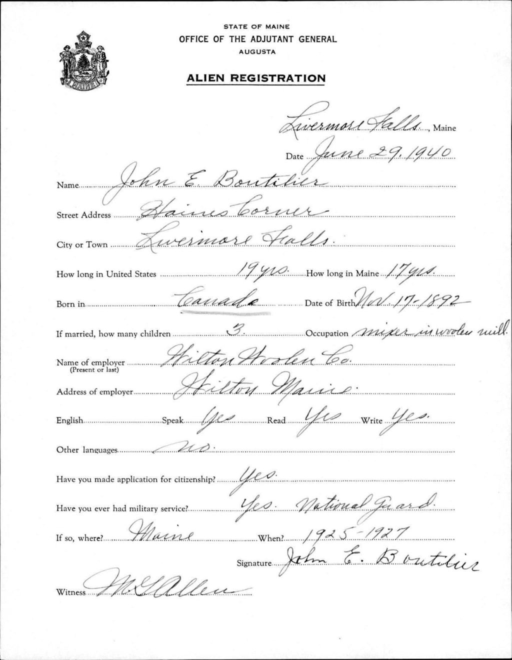 Miniature of Alien Registration- Boutilier, John E. (Livermore Falls, Androscoggin County)