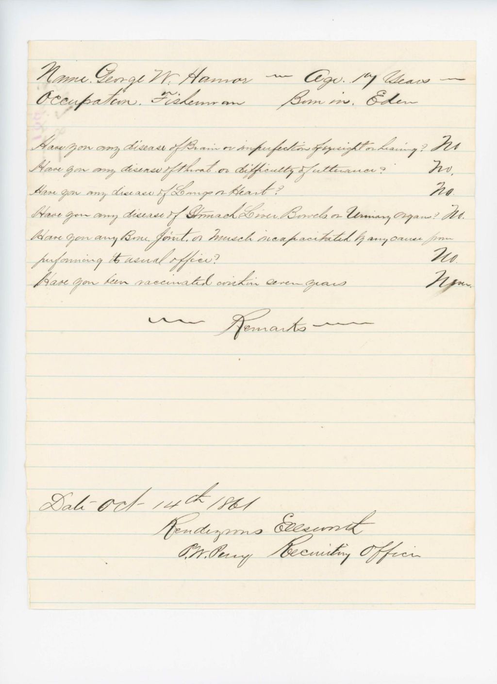 Miniature of George W. Hamor Medical Examination