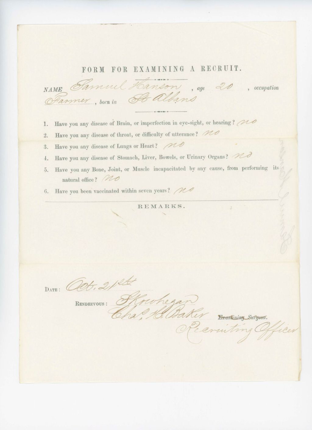 Miniature of Samuel Hanson Medical Examination