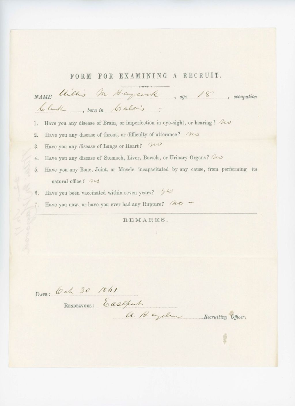 Miniature of Willis M. Haycock Medical Examination