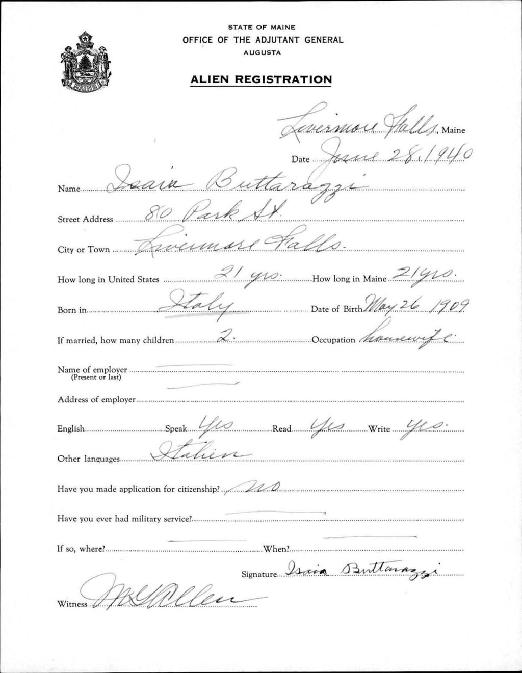 Miniature of Alien Registration- Buttarazzi, Isaia (Livermore Falls, Androscoggin County)
