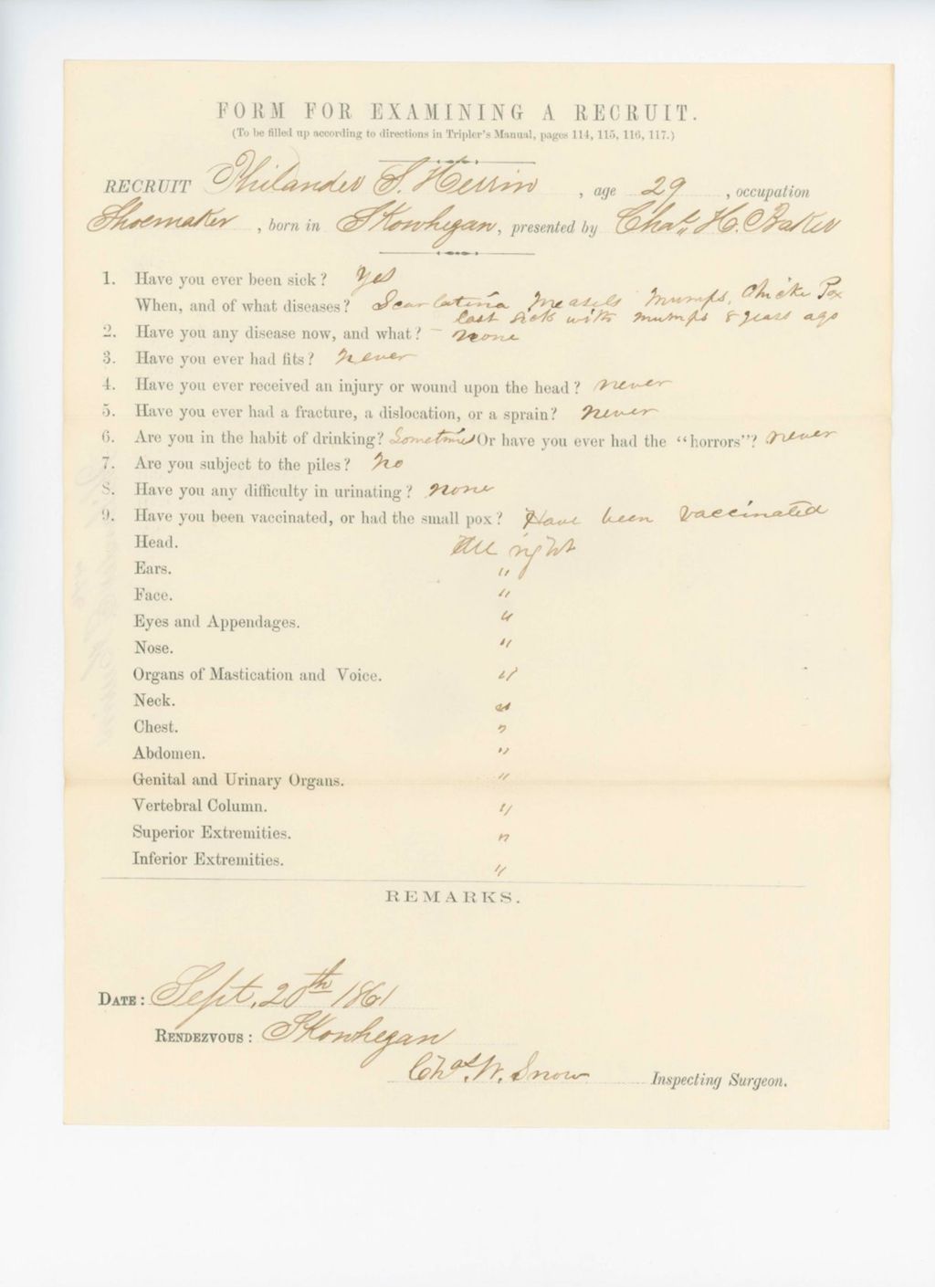 Miniature of Philander S. Herrin Medical Examination