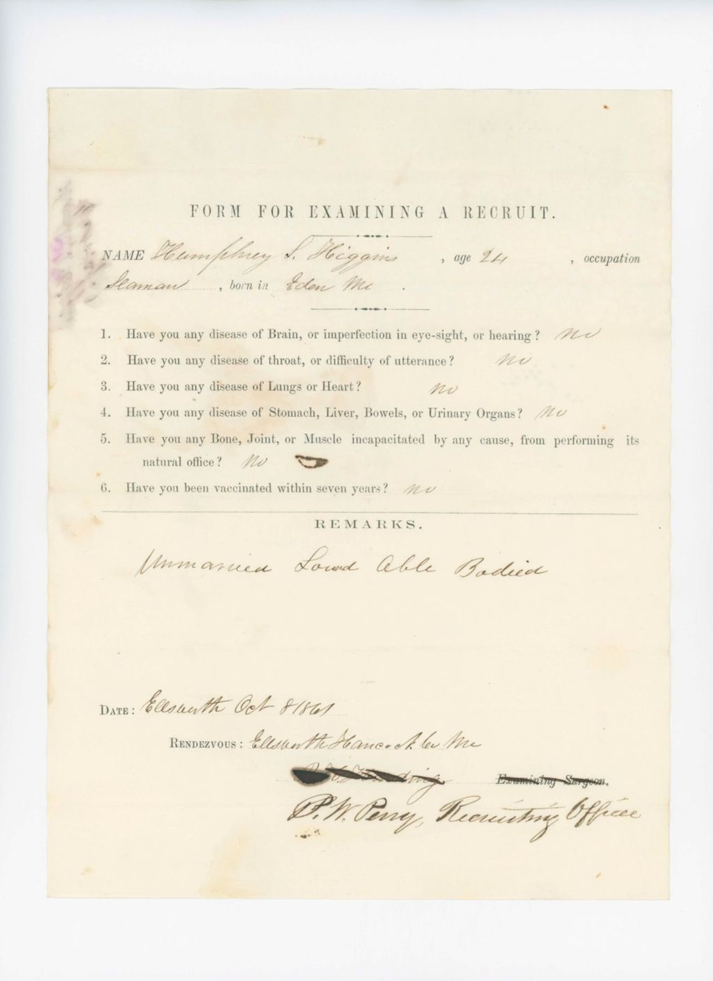 Miniature of Humphrey S. Higgins Medical Examination