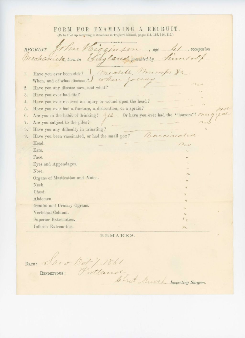 Miniature of John Higginson Medical Examination