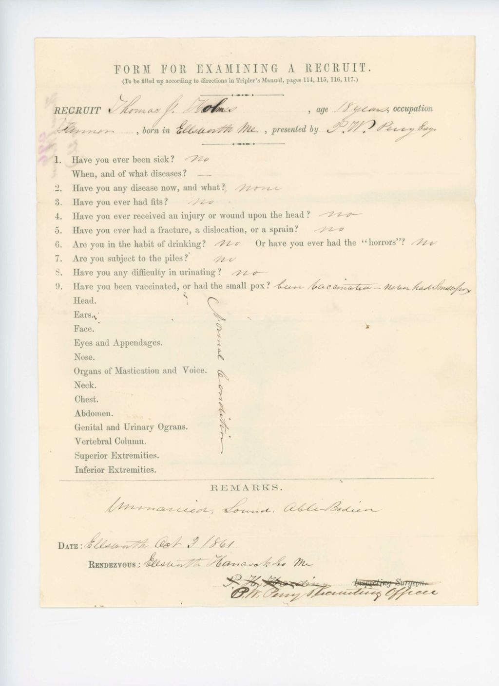 Miniature of Thomas J. Holmes Medical Examination